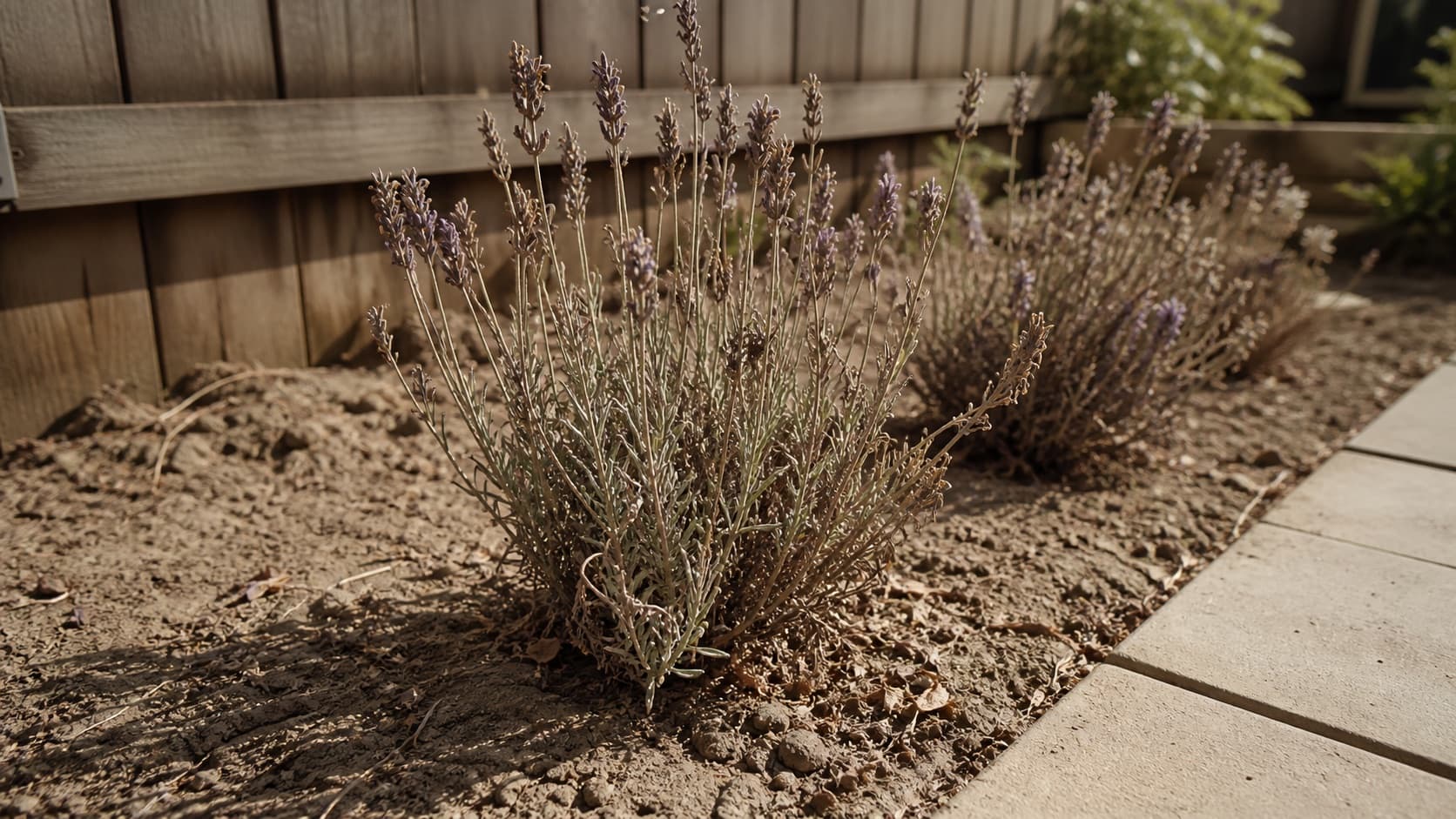 The same lavender wilting in a dry backyard bed
